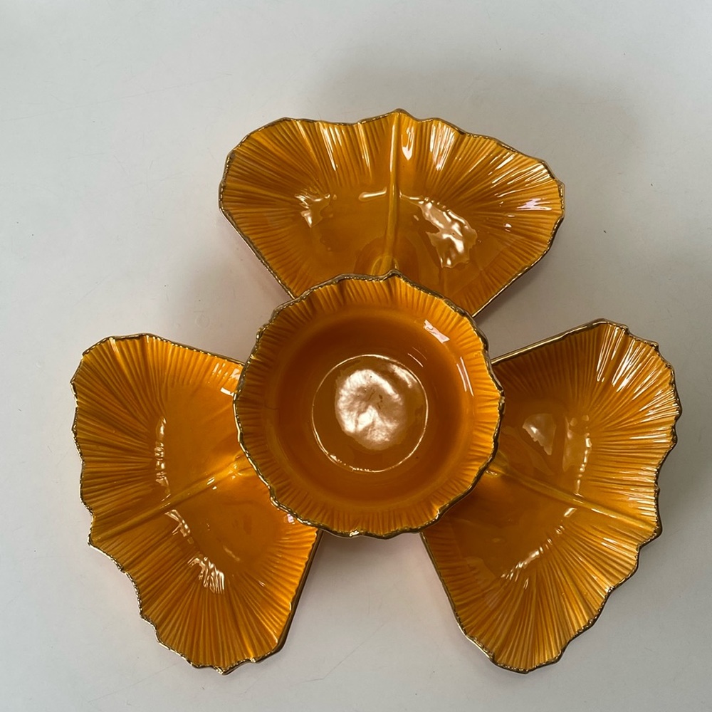 1970s USA G20 4-Piece Round Orange Chip and Dip Platter with Gold Edges